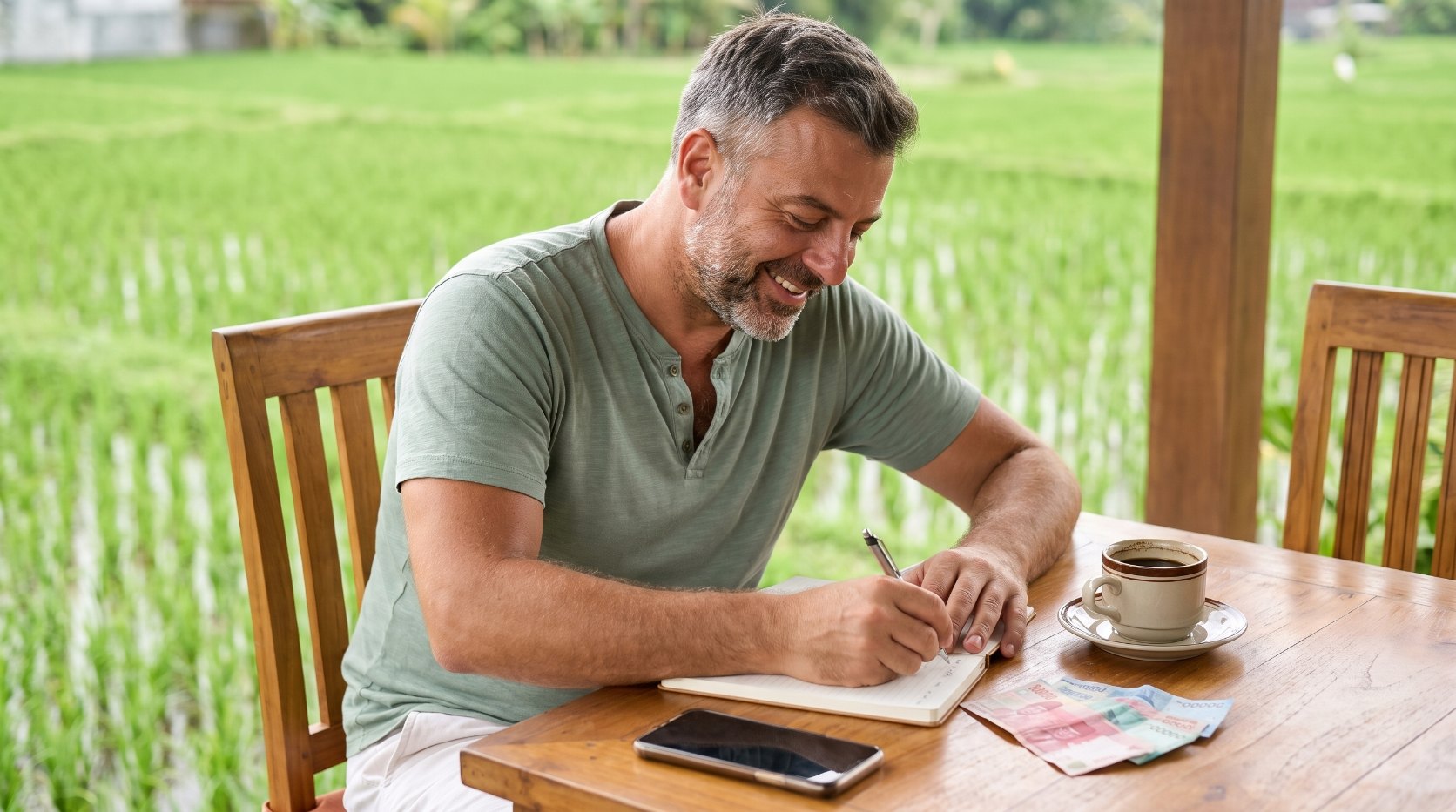 Emre Konuralp planning his Bali travel budget on a villa terrace — AI editorial illustration