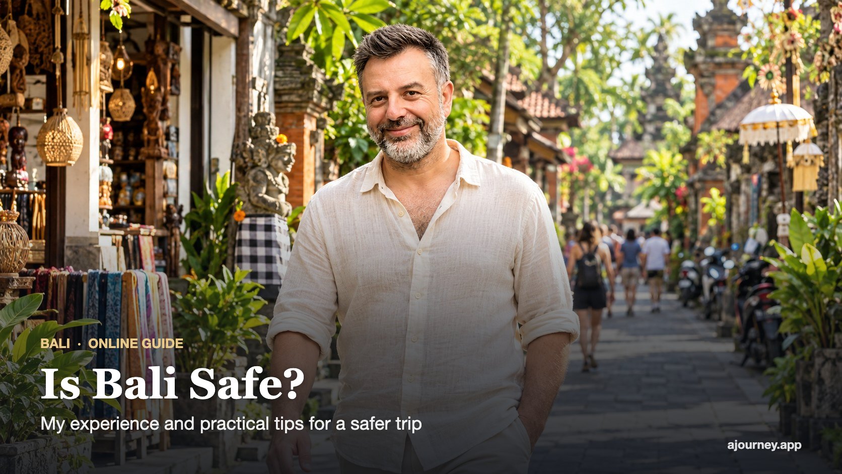 Safety in Bali guide cover featuring Emre Konuralp in Ubud — AI editorial illustration