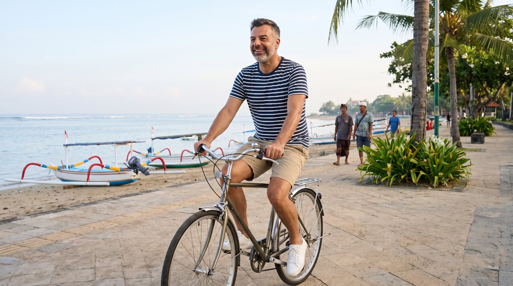 Emre Konuralp cycling along the beachfront promenade in Sanur at sunrise — AI editorial illustration