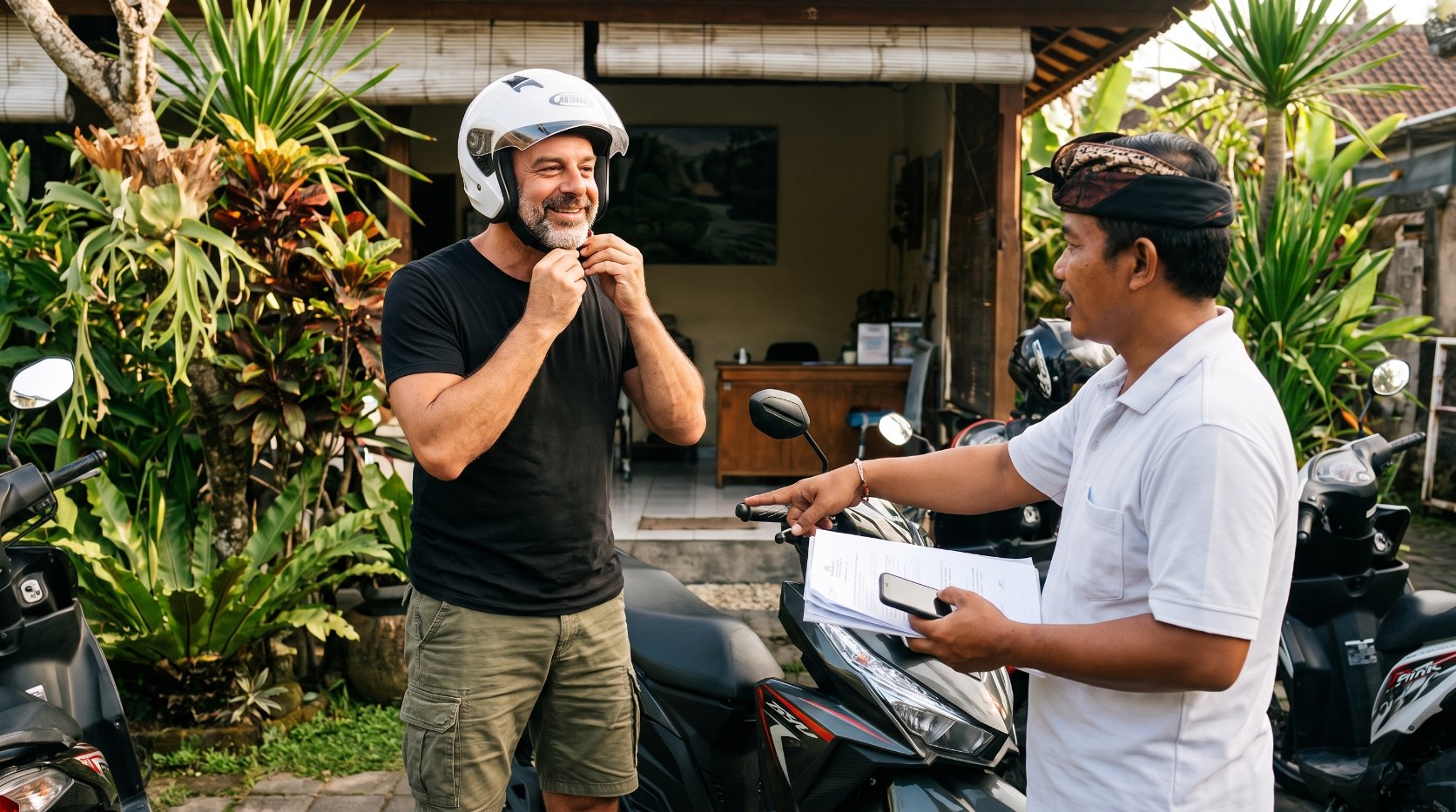 Emre Konuralp fastening his helmet at a scooter rental shop in Bali — AI editorial illustration