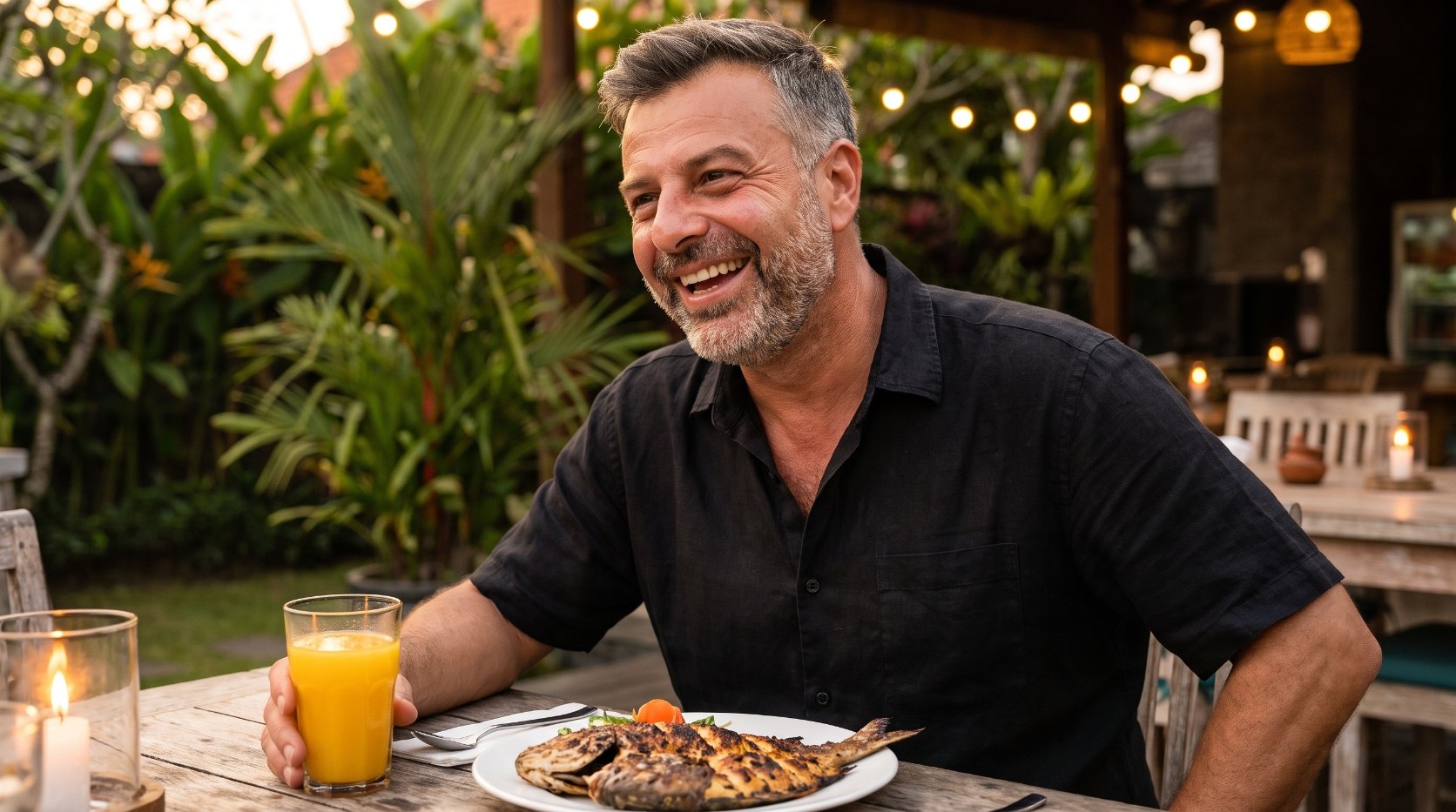 Emre Konuralp enjoying dinner at an open-air restaurant in Seminyak — AI editorial illustration