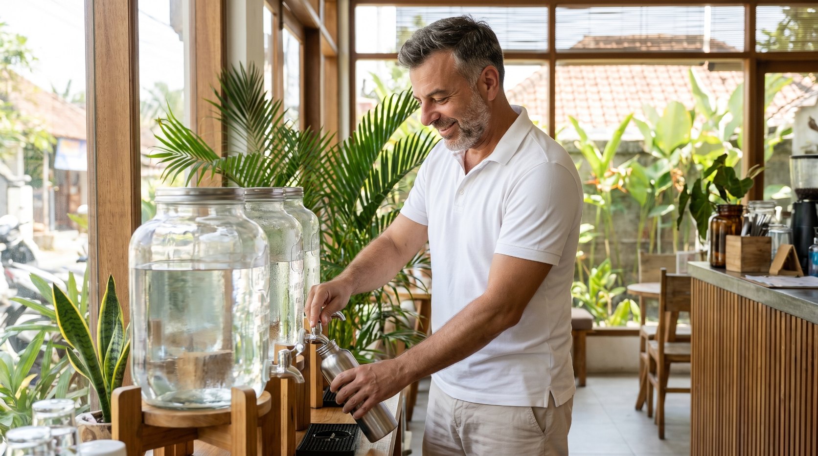 Emre Konuralp refilling his reusable water bottle at a refill station in Bali — AI editorial illustration