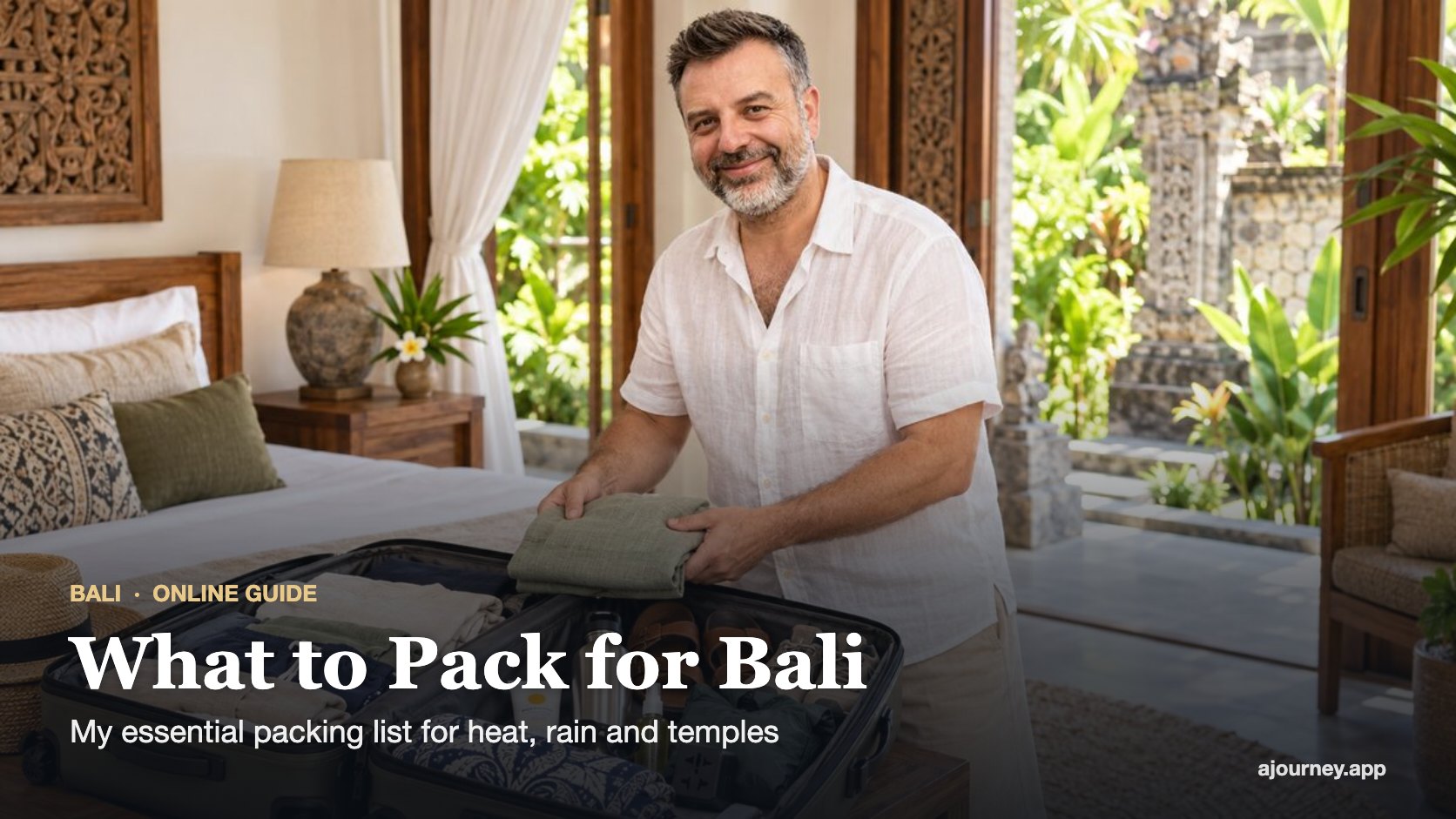 Titelbild zum Leitfaden „Was man für Bali einpacken sollte“ mit Emre Konuralp beim Kofferpacken – redaktionelle KI-Illustration