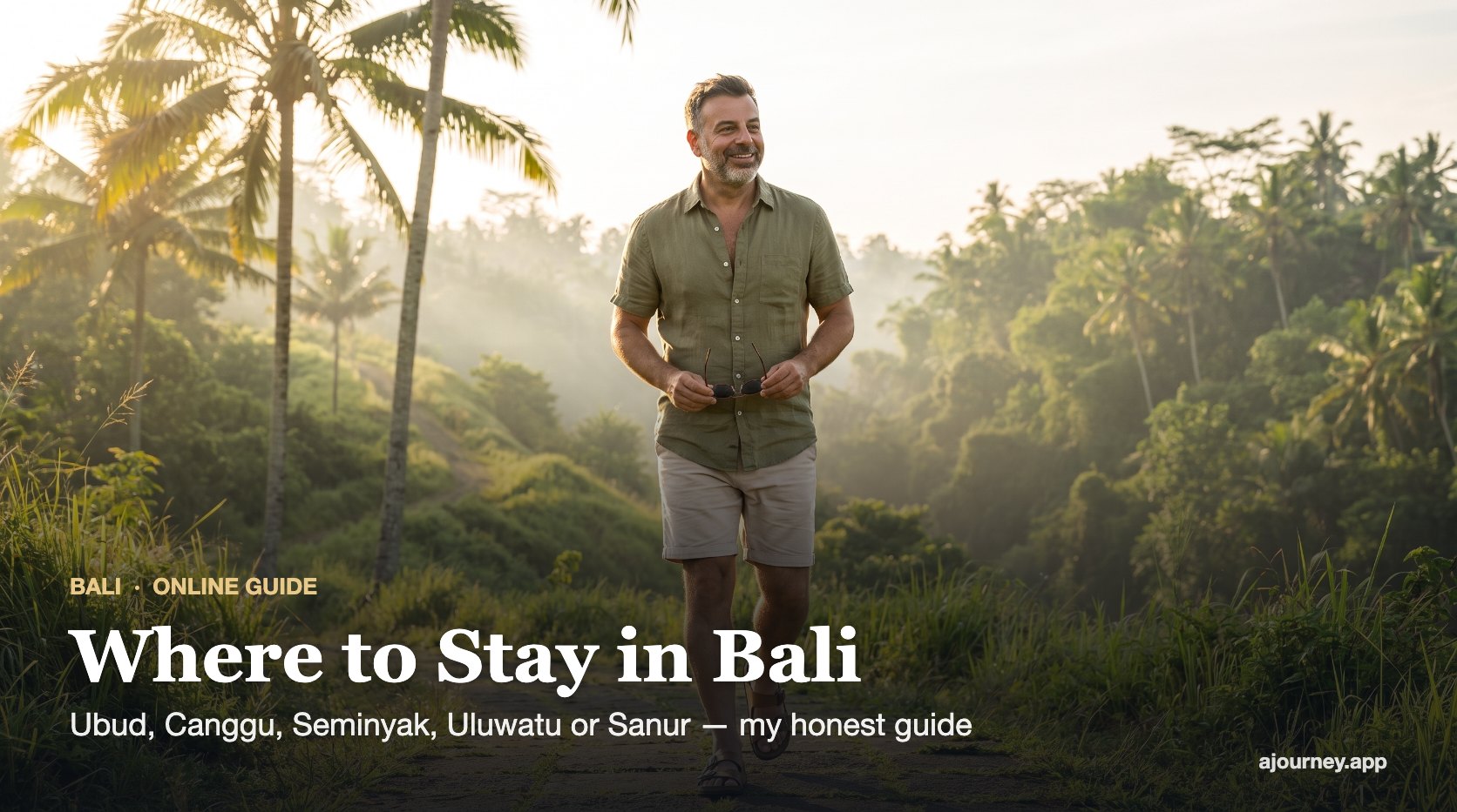 Where to Stay in Bali guide cover: Emre Konuralp walking the Campuhan Ridge in Ubud — AI editorial illustration